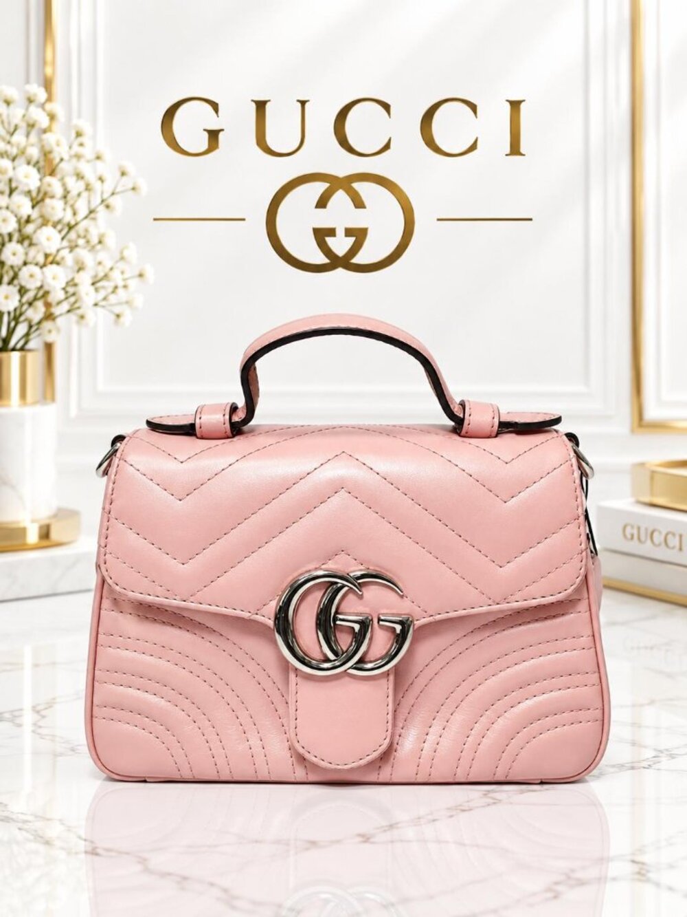 Authentic Gucci GG Marmont Top Handle Bag Pink Matelassé Leather Crossbody